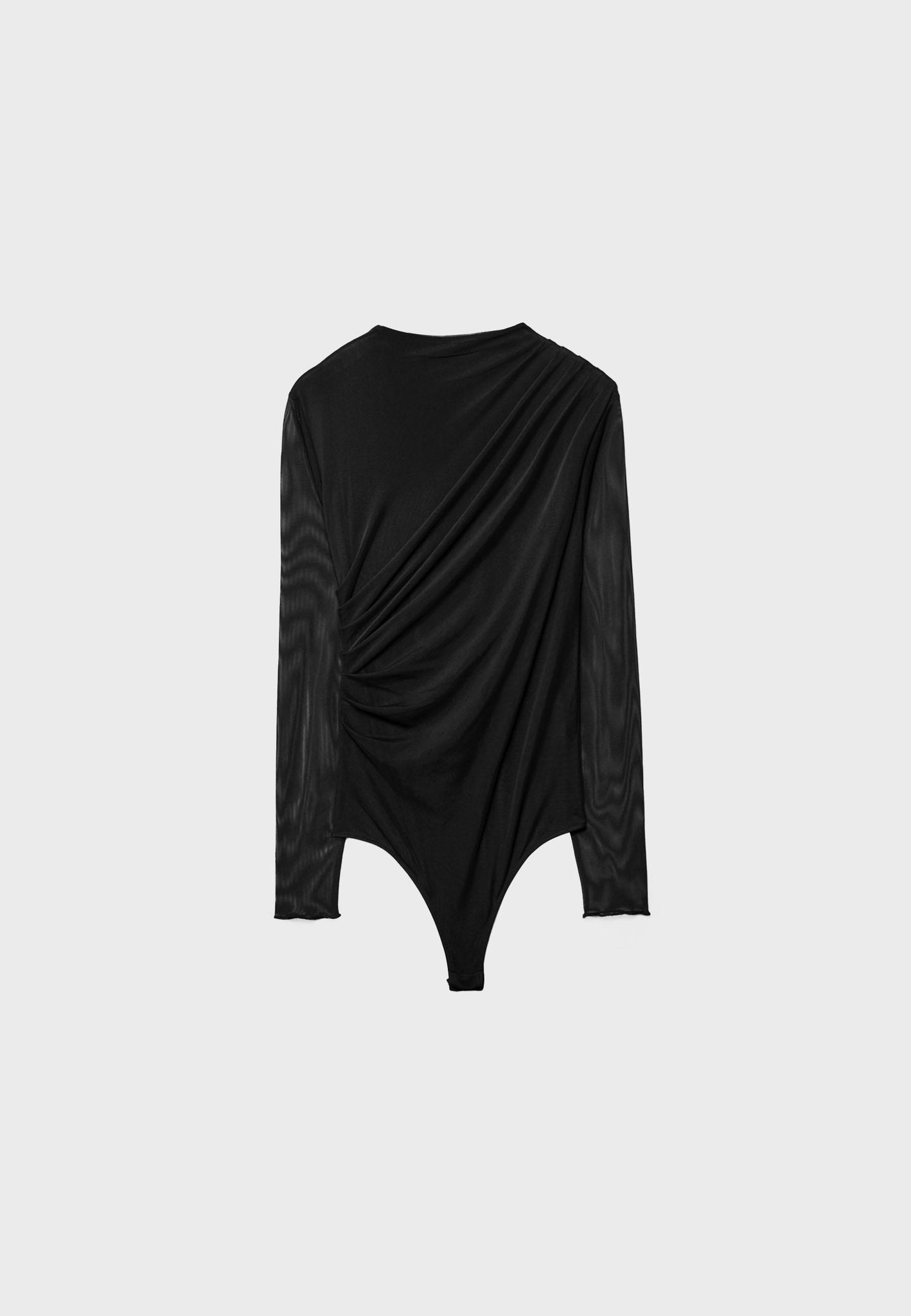 Tül Kol Detaylı Drapeli Siyah Body