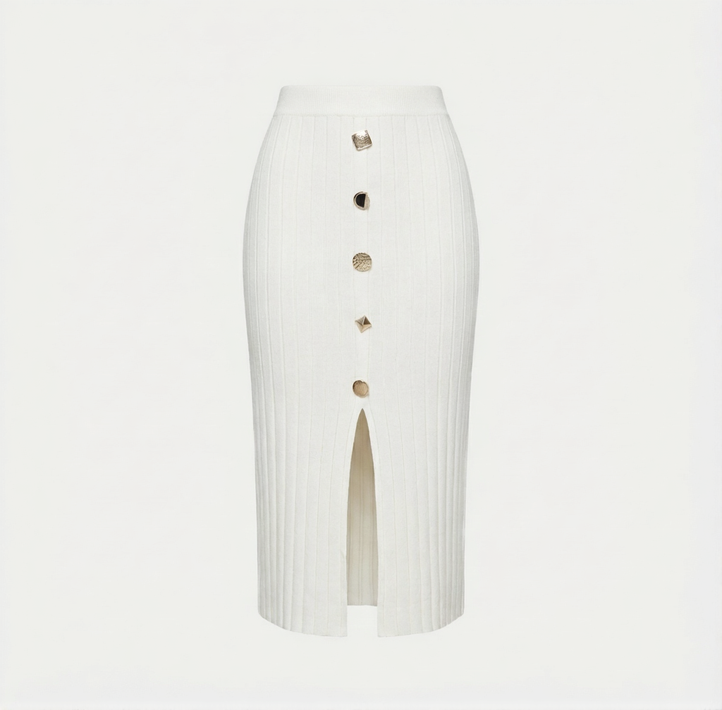 Düğme Detaylı Fitilli Midi Beyaz Etek